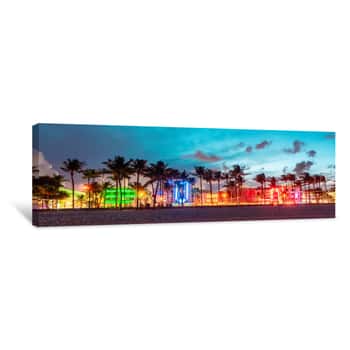 Image of Miami Beach Ocean Drive Panorama With Hotels And Restaurants At Sunset  City Skyline With Palm Trees At Night  Art Deco Nightlife On South Beach Canvas Print