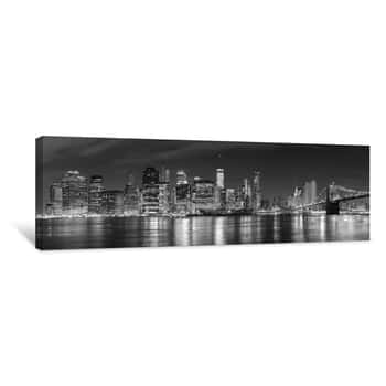 Image of Black And White New York City At Night Panoramic Picture, USA Canvas Print