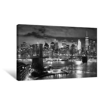 Image of Black And White Picture Of The Brooklyn Bridge And Manhattan Seen From Dumbo At Night, New York City, USA Canvas Print