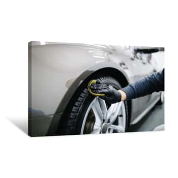 Image of A Man Cleaning Car With Microfiber Cloth, Car Detailing (or Valeting) Concept  Selective Focus Canvas Print