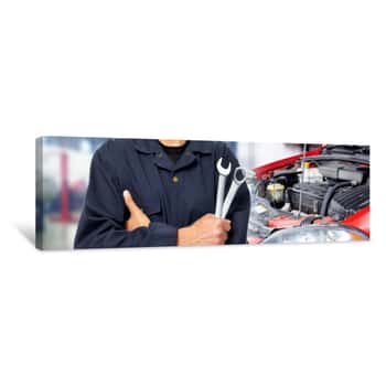 Image of Hands Of Car Mechanic With Wrench In Garage Canvas Print