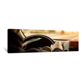 Image of Driving Car Hands On Steering Wheel Canvas Print