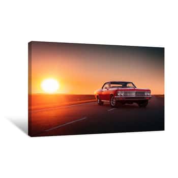 Image of Retro Red Car Standing On Asphalt Road At Sunset Canvas Print
