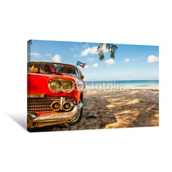Image of American Classic Car On The Beach Cayo Jutias, Province Pinar Del Rio, Cuba Canvas Print