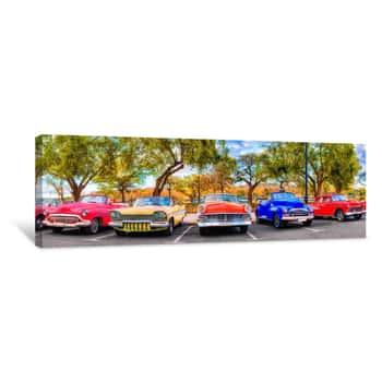 Image of Colorful Group Of Classic Cars In Old Havana, An Iconic Sight In Cuba Canvas Print