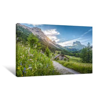 Image of Alpine Scenery With Mountain Chalets At Sunset In Summer Canvas Print