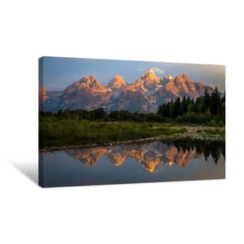 Image of Sunrise From Schwabachers Landing In The Grand Teton National Park In Wyoming Canvas Print