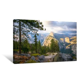 Image of Half Dome Rock Yosemite National Park At Sunset   Forest In Foreground Canvas Print