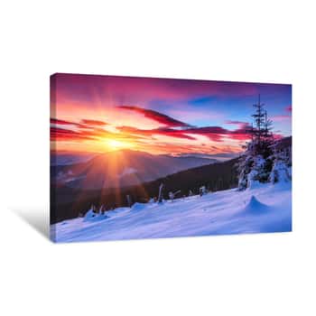 Image of Majestic Sunrise In The  Winter Mountains  Dramatic Morning Sky  View Of Snow-covered  Trees And  Hills At Distance Canvas Print