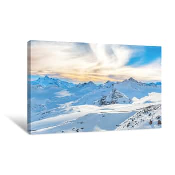 Image of Mountains With Snow Peaks And Sunset Sky Canvas Print