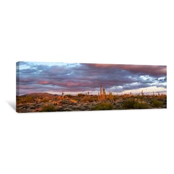 Image of Desert Sunset Landscape With Cactus & Mountains Canvas Print