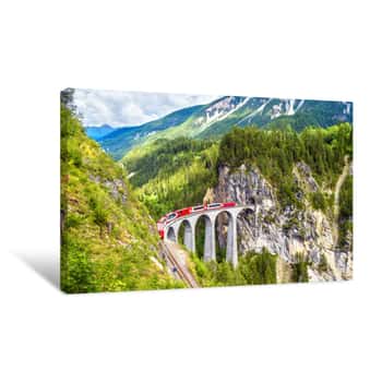 Image of Landwasser Viaduct In Summer, Filisur, Switzerland  It Is Landmark Of Swiss Alps  Nice Alpine Landscape  Red Train Of Bernina Express On Railroad Bridge In Mountains Canvas Print