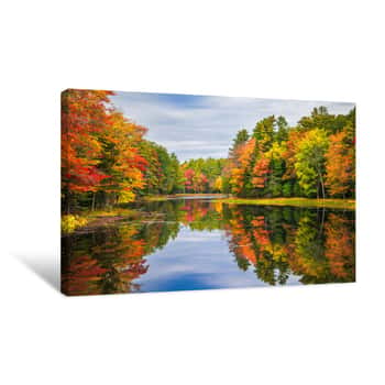 Image of Colorful Foliage Tree Reflections In Calm Pond Water On A Beautiful Autumn Day In New England Canvas Print