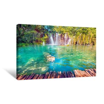 Image of Incredibly Beautiful Fabulous Magical Landscape With A Waterfall In Plitvice, Croatia (harmony Meditation, Antistress - Concept) Canvas Print