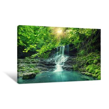 Image of Beautiful Mountain Rainforest Waterfall With Fast Flowing Water And Rocks, Long Exposure Canvas Print