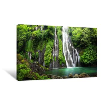 Image of Jungle Waterfall Cascade In Tropical Rainforest With Rock And Turquoise Blue Pond  Its Name Banyumala Because Its Twin Waterfall In Mountain Slope Canvas Print