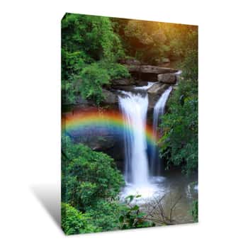 Image of Haew Suwat Waterfall, The Beautiful Waterfall In Rain Forest With Rainbow At Khao Yai National Park, Thailand Canvas Print