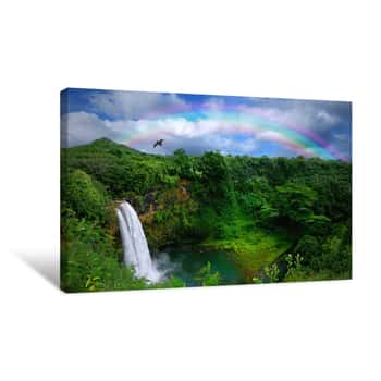 Image of Waterfall In Kauai With Rainbow And Bird Overhead Canvas Print