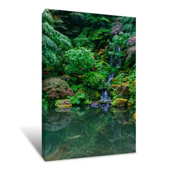 Image of Pond And Waterfall Among Trees At Portland Japanese Garden, Portland, USA Canvas Print