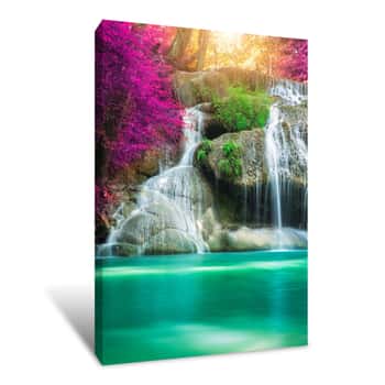Image of Amazing In Nature, Beautiful Waterfall At Colorful Autumn Forest In Fall Season Canvas Print