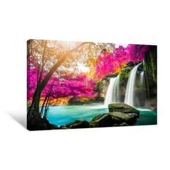 Image of Amazing In Nature, Beautiful Waterfall At Colorful Autumn Forest In Fall Season Canvas Print