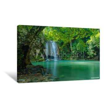 Image of Green Nature Landscape With Turquois Waterfall Canvas Print