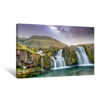 Image of Famous Travel Location In Iceland  Kirkjufell Waterfalls At Night, Long Exposure Canvas Print
