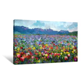 Image of Oil Painting Colorful Spring Summer Rural Landscape  Abstract Tulips Flowers Blossom In The Meadow With Hill And Blue Sky Color Background  Canvas Print