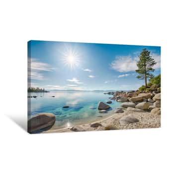 Image of Lake Tahoe East Shore Beach, Calm Turquoise Water In Sunny Day Canvas Print