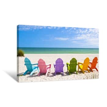 Image of Adirondack Beach Chairs On A Sun Beach In Front Of A Holiday Vac Canvas Print
