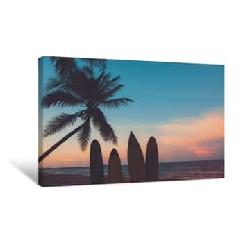 Image of Silhouette Surfboard On Tropical Beach At Sunset In Summer Vintage Color Tone Canvas Print