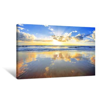 Image of Spectacular Golden Sunrise Over Ocean With Beach In Foreground Canvas Print