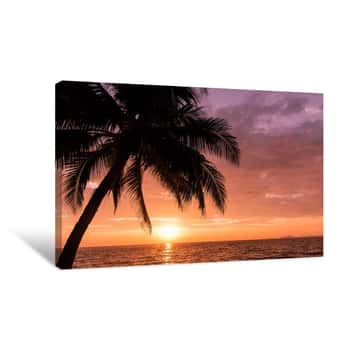 Image of Silhouette Coconut Palm Trees On Beach With Sunset Sky  Vintage Tone Summer Concept Background  Travel Concept Canvas Print