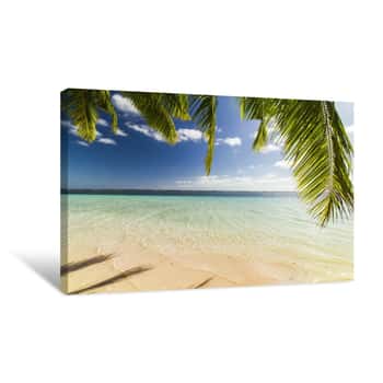 Image of Tropical White Sand Beach With Palm Leaves Canvas Print