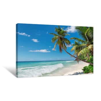 Image of Palm Trees On Exotic Beach In Tropical Island   Summer Holiday And Vacation Concept Background Canvas Print