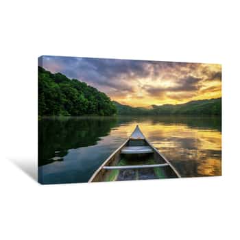 Image of Summer Sunset, Mountain Lake, Aluminum Canoe Canvas Print