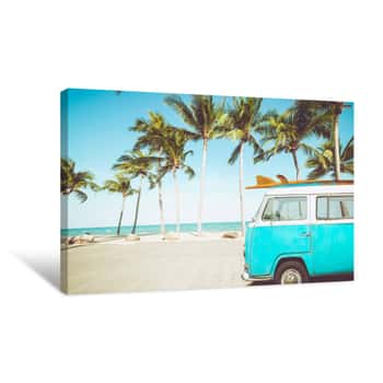 Image of Vintage Car Parked On The Tropical Beach (seaside) With A Surfboard On The Roof - Leisure Trip In The Summer  Retro Color Effect Canvas Print