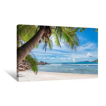 Image of Sandy Beach With Palm And A Sailing Boat In The Turquoise Sea On Paradise Island Canvas Print