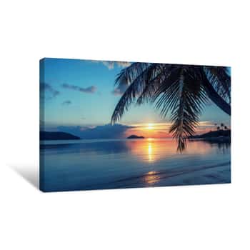 Image of Magnificent Beautiful Bright Tropical Sunset, Sun, Palms, Sandy Beach Canvas Print