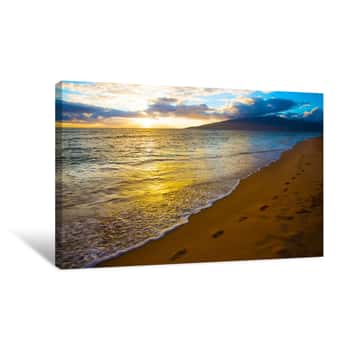 Image of Kihei Sunset And Beach Footprints Canvas Print
