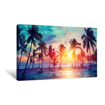 Image of Palm Trees Silhouettes On Tropical Beach At Sunset - Modern Vintage Colors Canvas Print