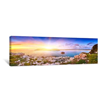 Image of Amazing Sunset View With Multicolored Clouds On Voidokilia Beach, Ionian Sea, Greece Canvas Print