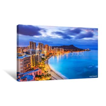 Image of Honolulu, Hawaii  Skyline Of Honolulu, Diamond Head Volcano Including The Hotels And Buildings On Waikiki Beach Canvas Print