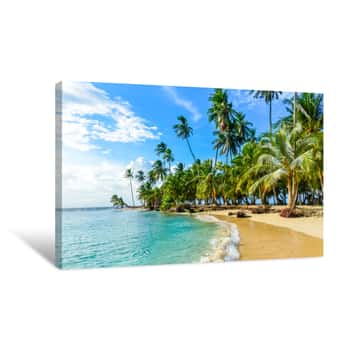 Image of Beautiful Lonely Beach In Caribbean San Blas Island, Kuna Yala, Panama  Turquoise Tropical Sea, Paradise Travel Destination, Central America. Canvas Print