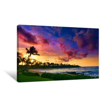 Image of Spectacular Sunset Over A Pacific Ocean Beach On Kauai, Hawaii, USA Canvas Print