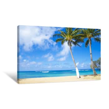 Image of Coconut Palm Tree With Curfboard In Hawaii Canvas Print