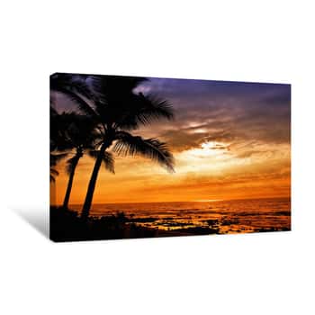 Image of Hawaiian Sunset With Tropical Palm Tree Silhouettes Canvas Print