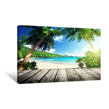Image of Seychelles Beach And Wooden Pier Canvas Print