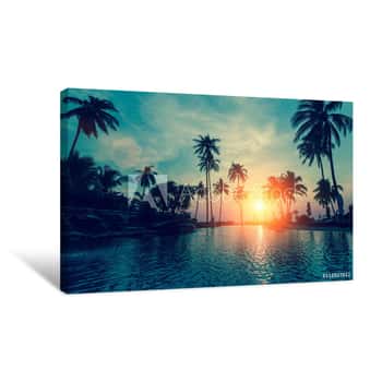 Image of Fantastic Sunset, Palm Trees In Tropical Beach Canvas Print