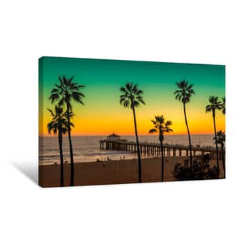 Image of Manhattan Beach With Palm Trees And Pier At Sunset In Los Angeles, California  Vintage Processed  Fashion Travel And Tropical Beach Concept Canvas Print